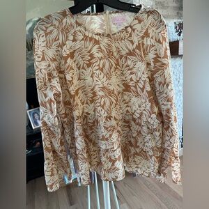 Pink Lily Leaf Print Blouse - Cream and Brown